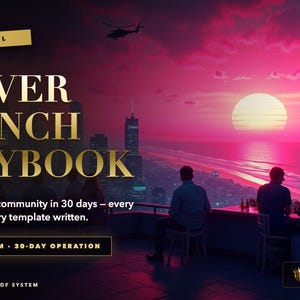 May include: A digital graphic titled Server Launch Playbook with the subtitle Zero to a thriving community in 30 days. The image features a sunset over a city skyline with people on a balcony, a helicopter, and the text Launch System 30-Day Operation.