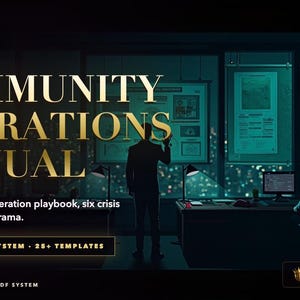 May include: A digital graphic titled Community Operations Manual featuring gold text on a dark background. It includes the phrases Run a Tight Ship, Staff ladders, moderation playbook, six crisis runbooks, and Operations System 25+ Templates.