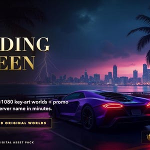 May include: A digital asset pack titled LOADING SCREEN KIT featuring a purple sports car parked by a waterfront city skyline at night with palm trees, lightning, and text including Ten original 1920x1080 key-art worlds and HIGH END STUDIOS.