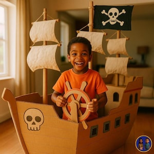 Puede incluir: Una estructura de juego de barco pirata de cartón con un casco marrón con una ilustración de calavera y tibias cruzadas, un timón de madera y mástiles con velas de tela beige, incluyendo una bandera negra con una calavera blanca.