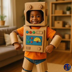 Pode incluir: Um traje de robô feito de papelão, incluindo uma caixa para a cabeça com aberturas circulares, uma placa peitoral com botões geométricos coloridos e um medidor, além de braçadeiras e perneiras cilíndricas sobre uma camiseta laranja e calça jeans.