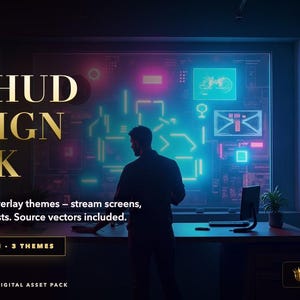 May include: A digital asset pack titled UI / HUD DESIGN PACK featuring three complete overlay themes including stream screens, panels, bars, and toasts. The graphic displays a silhouette of a person standing before a glowing blue and purple interface.