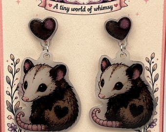 Happy Possum Earrings – Kawaii Opossum Dangles – Pastel Goth Acrylic Jewelry – Spooky Halloween Earrings