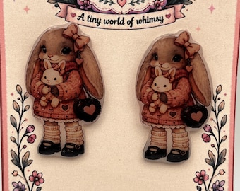 Handmade Bunny Drop Stud Earrings, Cottagecore Woodland Animal Jewelry