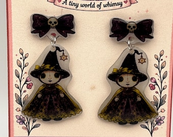 Handmade Witch Doll Earrings, Gothic Skull Bows, Halloween Jewelry