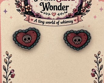 Pink Skull Heart Stud Earrings | Pastel Goth Alternative Valentine Jewelry