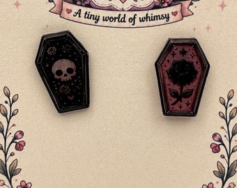 Goth Coffin Stud Earrings | Mismatched Skull Rose, Pink Black Gothic Jewelry