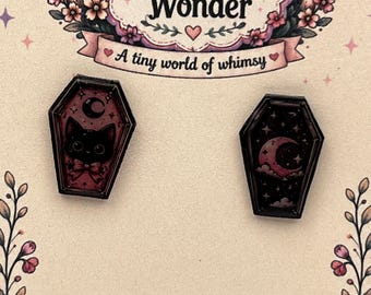 Handmade Black Cat Moon Coffin Studs | Gothic Celestial Earrings