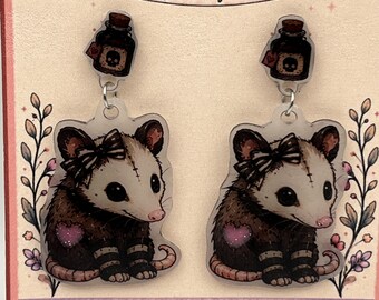 Gothic Potion Bottle Opossum Dangles – Pastel Goth Acrylic Earrings – Possum Heart Jewlery