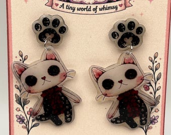 Gothic Cat Earrings, Skull Outfit, Paw Print Studs, Halloween Kawaii Jewelry