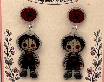 Rag Doll Earrings – Gothic Doll Dangles - Spooky Acrylic Jewelry – Pastel Goth Halloween