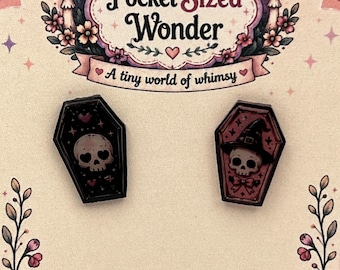 Handmade Witch Skull Coffin Studs | Pink Black Gothic Halloween Earrings