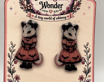 Halloween Possum Drop Stud Earrings, Spooky Animal Goth Jewelry