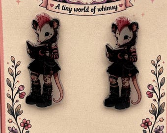 Goth Possum Drop Stud Earrings, Bookish Alternative Jewelry, Dark Cottagecore Accessory