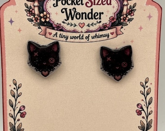 Black Cat Stud Earrings, Gothic Kitten, Dark Cottagecore Jewelry, Handmade Whimsy Accessory