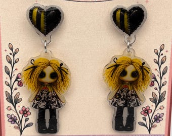 Handcrafted Creepy Rag Doll Earrings, Gothic Doll Jewelry, Halloween Spooky Accessories