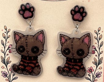Gothic Cat Earrings – Pastel Goth Dangles – Kawaii Halloween Acrylic Earrings – Spooky Kitty Jewelry