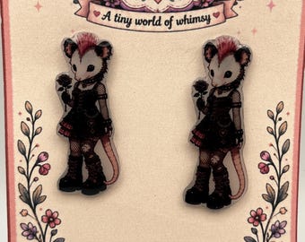 Goth Possum Drop Earrings, Punk Animal Jewelry, Alternative Fashion, Handmade Studs