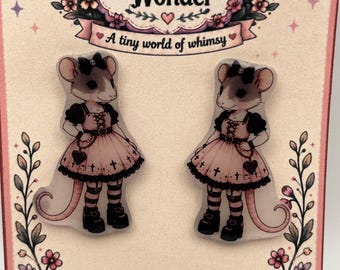 Goth Mouse Drop Stud Earrings, Pink Alternative Animal Jewelry, Handmade Whimsical Accessory