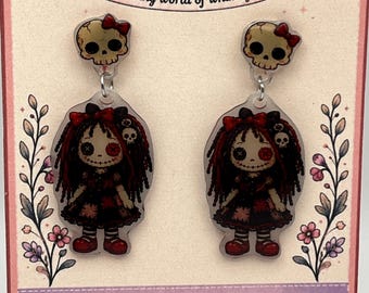 Gothic Doll Earrings – Spooky Ragdoll Dangles – Pastel Goth Acrylic Earrings – Halloween Jewelry
