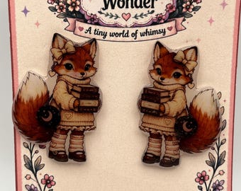 Bookish Fox Drop Stud Earrings, Cottagecore Woodland Animal Jewelry