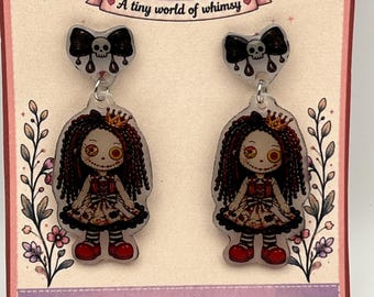 Gothic Doll Earrings – Pastel Goth Ragdoll Dangles – Kawaii Halloween Acrylic Earrings – Spooky Jewelry