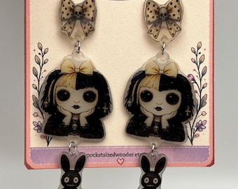 Gothic Doll Bunny Earrings, Creepy Kawaii Jewelry, Alternative Spooky Fashion