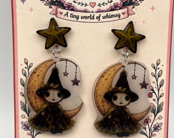 Handmade Witch Doll Crescent Moon Earrings, Gothic Kawaii Celestial Jewelry