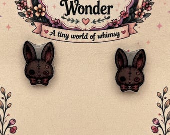 Gothic Bunny Stud Earrings, Creepy Stitched Rabbits, Dark Cottagecore Jewelry