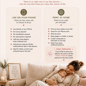 Op de afbeelding: Een infographic getiteld Intentional Motherhood Before You Start, met details over het gebruik van een digitale en printbare planner. Het bevat instructies, iconen voor telefoon- en printopties, en een foto van een ouder met een baby.