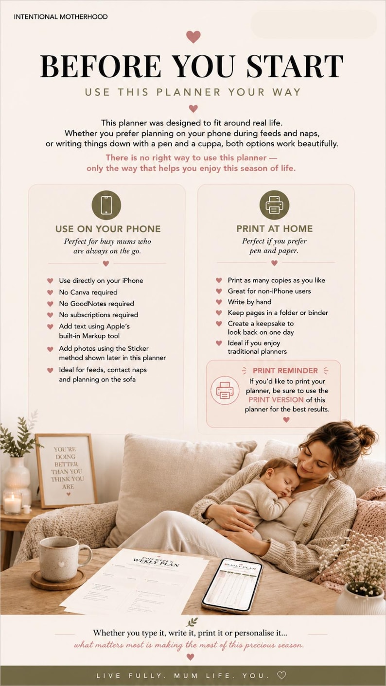 Op de afbeelding: Een infographic getiteld Intentional Motherhood Before You Start, met details over het gebruik van een digitale en printbare planner. Het bevat instructies, iconen voor telefoon- en printopties, en een foto van een ouder met een baby.