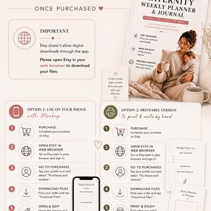 Op de afbeelding: Een instructieve infographic getiteld How to Download & Use This Planner, met stappen voor digitaal en printbaar gebruik van The Intentional Maternity Weekly Planner & Journal, inclusief iconen, tekstinstructies en voorbeelden van pagina's.