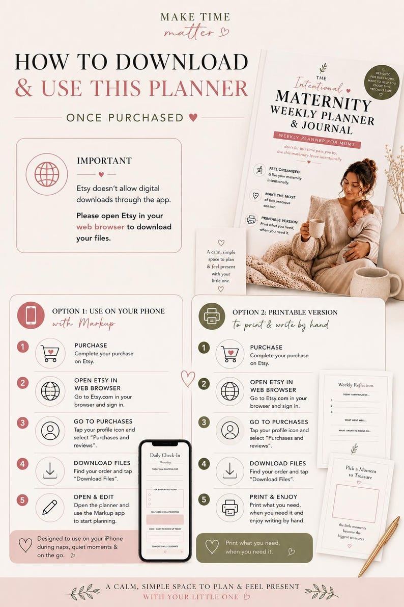 Op de afbeelding: Een instructieve infographic getiteld How to Download & Use This Planner, met stappen voor digitaal en printbaar gebruik van The Intentional Maternity Weekly Planner & Journal, inclusief iconen, tekstinstructies en voorbeelden van pagina's.