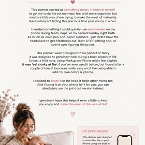 Op de afbeelding: Een digitale plannergids getiteld A NOTE TO YOU door INTENTIONAL MOTHERHOOD. De tekst legt een mobielvriendelijk plansysteem voor iPhone uit met de Markup-functie. Het bevat een sectie genaamd NO APPS NEEDED en de slogan ONE HANDED. REAL LIFE. BEAUTIFULLY PLANNED.