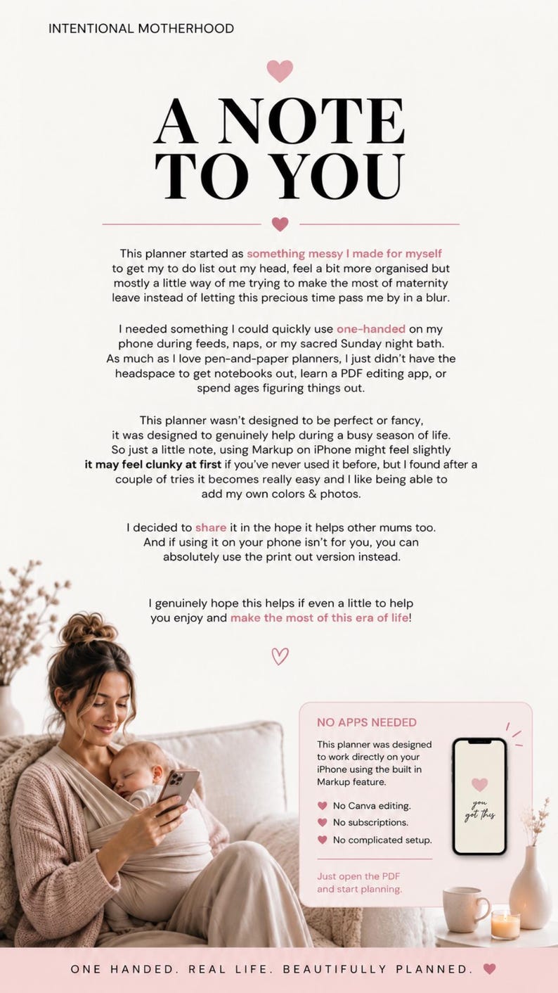 Op de afbeelding: Een digitale plannergids getiteld A NOTE TO YOU door INTENTIONAL MOTHERHOOD. De tekst legt een mobielvriendelijk plansysteem voor iPhone uit met de Markup-functie. Het bevat een sectie genaamd NO APPS NEEDED en de slogan ONE HANDED. REAL LIFE. BEAUTIFULLY PLANNED.