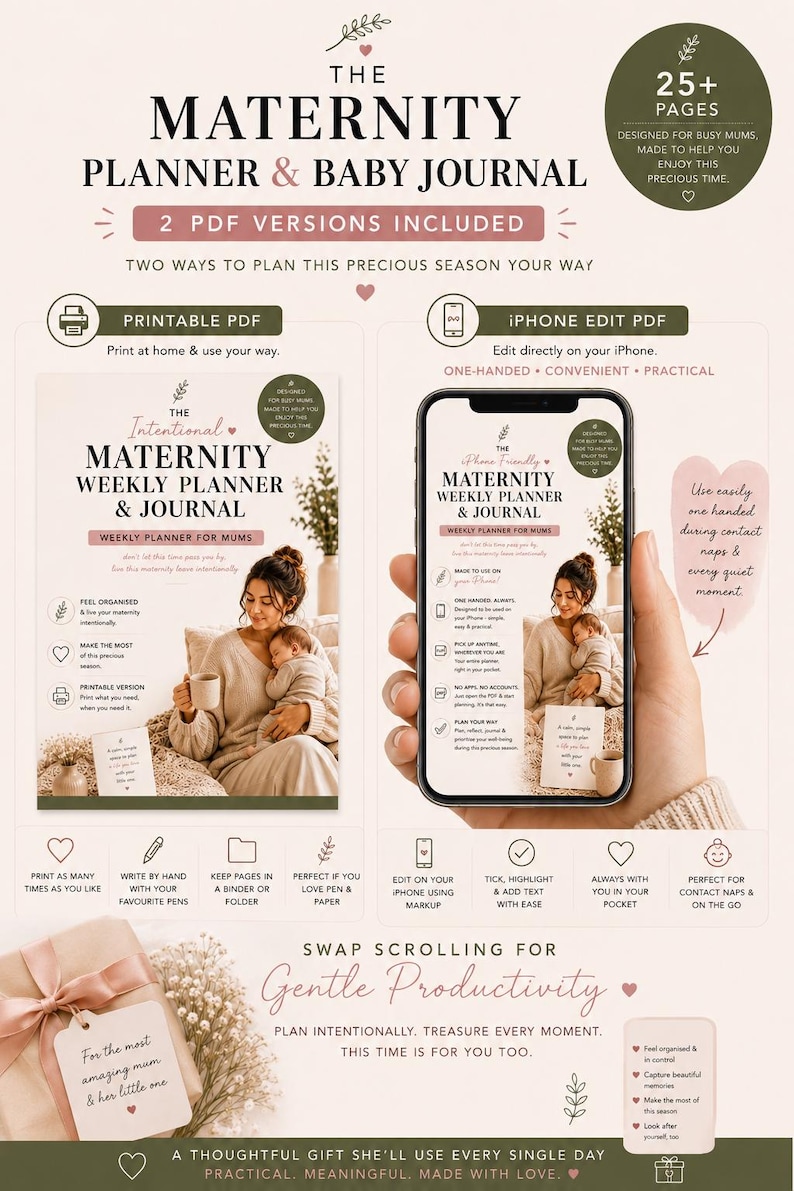 Op de afbeelding: Een digitale en printbare zwangerschapsplanner en baby-dagboek met meer dan 25 pagina's. De lay-out bevat secties voor weekplanning, dagboek en tracking, met tekst die de printbare PDF- en iPhone-bewerkingsopties voor bijhouden beschrijft.