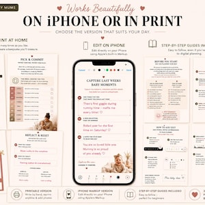 Op de afbeelding: Een digitale babyherinneringsplanner weergegeven op een iPhone-scherm en als printbare pagina's. De lay-out bevat secties voor weekplanning, babymomenten en reflectie, met tekstprompts, fotoplaatsaanduidingen en instructiegidsen.