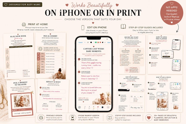 Op de afbeelding: Een digitale babyherinneringsplanner weergegeven op een iPhone-scherm en als printbare pagina's. De lay-out bevat secties voor weekplanning, babymomenten en reflectie, met tekstprompts, fotoplaatsaanduidingen en instructiegidsen.