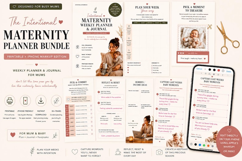 Op de afbeelding: De Intentional Maternity Weekly Planner & Journal bundel bevat printbare pagina's en een iPhone markup editie. De lay-out bevat secties voor weekplanning, babymomenten, reflectie en hobby's, samen met een gouden schaar en een smartphone.