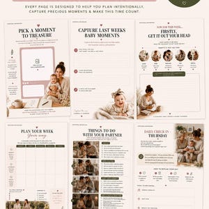 Op de afbeelding: Een verzameling van 25+ plannerpagina's met secties voor babymomenten, weekplanning, partneractiviteiten en dagelijkse check-ins. De pagina's bevatten tekstprompts, fotoplaatsaanduidingen en afbeeldingen van ouders met baby's in zachte kleuren.