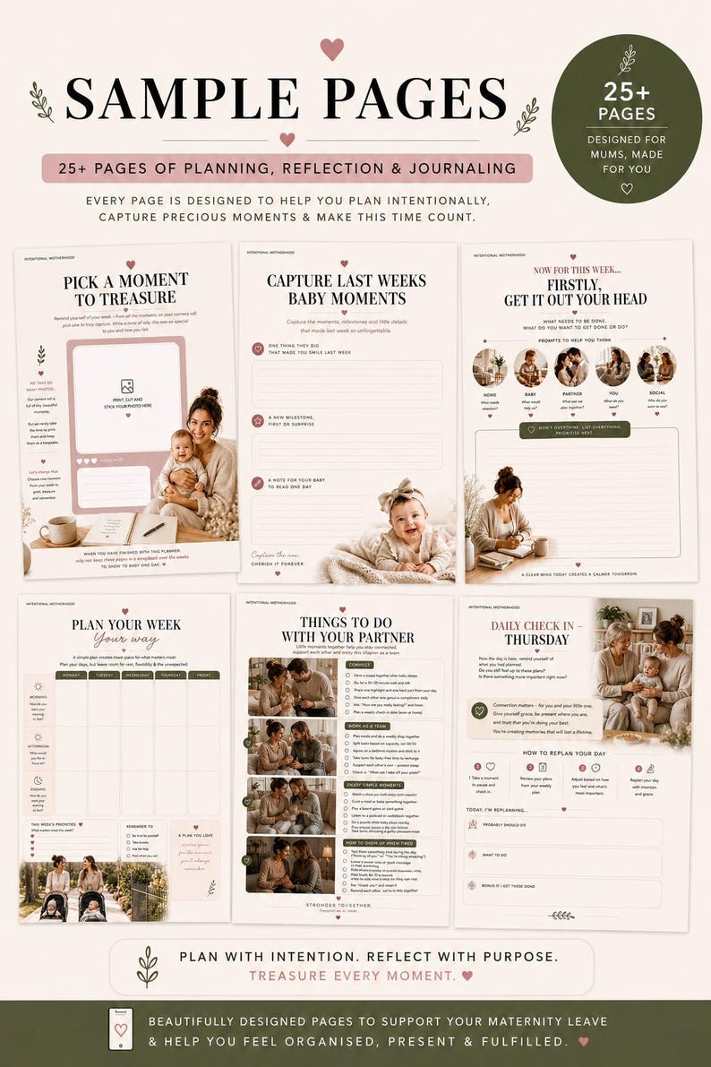 Op de afbeelding: Een verzameling van 25+ plannerpagina's met secties voor babymomenten, weekplanning, partneractiviteiten en dagelijkse check-ins. De pagina's bevatten tekstprompts, fotoplaatsaanduidingen en afbeeldingen van ouders met baby's in zachte kleuren.