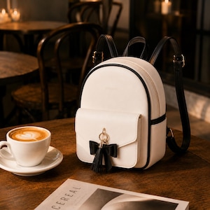 May include: A cream-coloured backpack with black detailing, including straps and trim. It has a front pocket with a black bow and tassel. A cup of coffee and a magazine are on the table.
