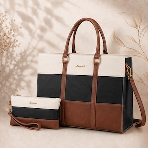 15.6 Inch Women's Laptop Bag, Leather Work Tote with Matching Clutch