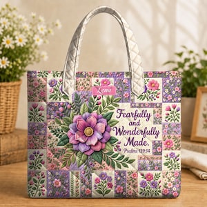 May include: A quilted tote bag featuring a patchwork floral pattern in shades of pink, purple, and green. The center displays a large purple flower and the text Fearfully and Wonderfully Made. Psalms 139:14, with the name Lena above it.