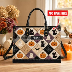 Personalized Halloween Leather Handbag, Faux Patchwork Black Cat Ghost Pumpkin Purse, Custom Name Spooky Bag, Fall Gift for Women