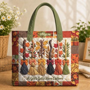 Personalized Fall Broom Quilted Tote Bag, Autumn Witch Broom Shoulder Bag, Rustic Harvest Collection Gift for Her, Custom Name Seasonal Tote