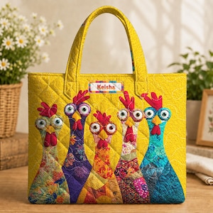 May include: A yellow quilted tote bag featuring five colorful fabric chickens with large eyes and red combs. The name Keisha is printed on a rectangular label centered near the top. The bag has two matching yellow handles and a diamond stitch pattern.