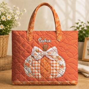 Personalized Pumpkin Quilted Tote Bag,Orange Fall Shoulder Bag,Faux Patchwork Pumpkin Tote, Floral Gingham Autumn Bag, Harvest Gift for Her