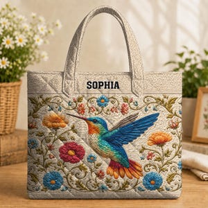 以下が含まれることがあります： 黒で「SOPHIA」とプリントされた、ライトクリーム色のキルティングトートバッグ。バッグには、青、緑、オレンジの羽を持つハチドリと、その周囲を彩るカラフルな花柄が刺繍風のデザインで鮮やかに描かれています。