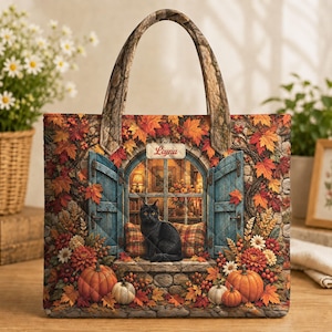 May include: A quilted tote bag featuring a printed autumn scene with a black cat sitting on a window ledge, surrounded by pumpkins, fall foliage, and blue shutters. A rectangular label with the name Leyna is centered above the window.